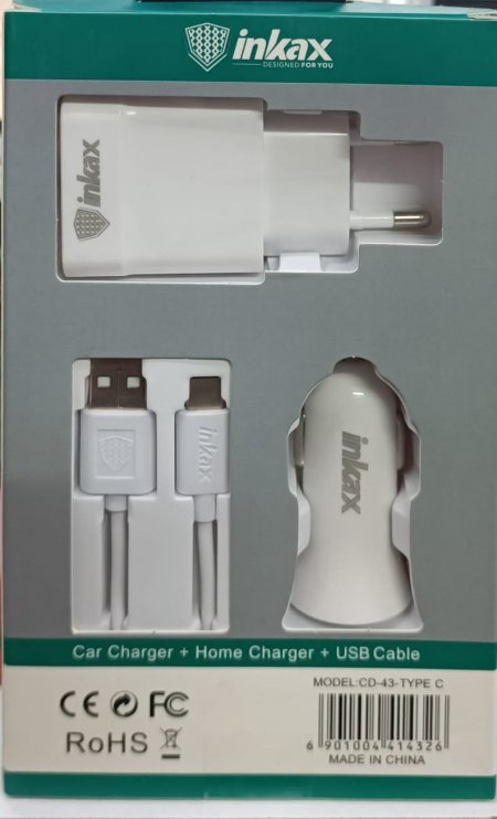 شاحن موبايل للمنزل و السيارة تايب سي inkax CD-43 Home & Car Charger Type C   